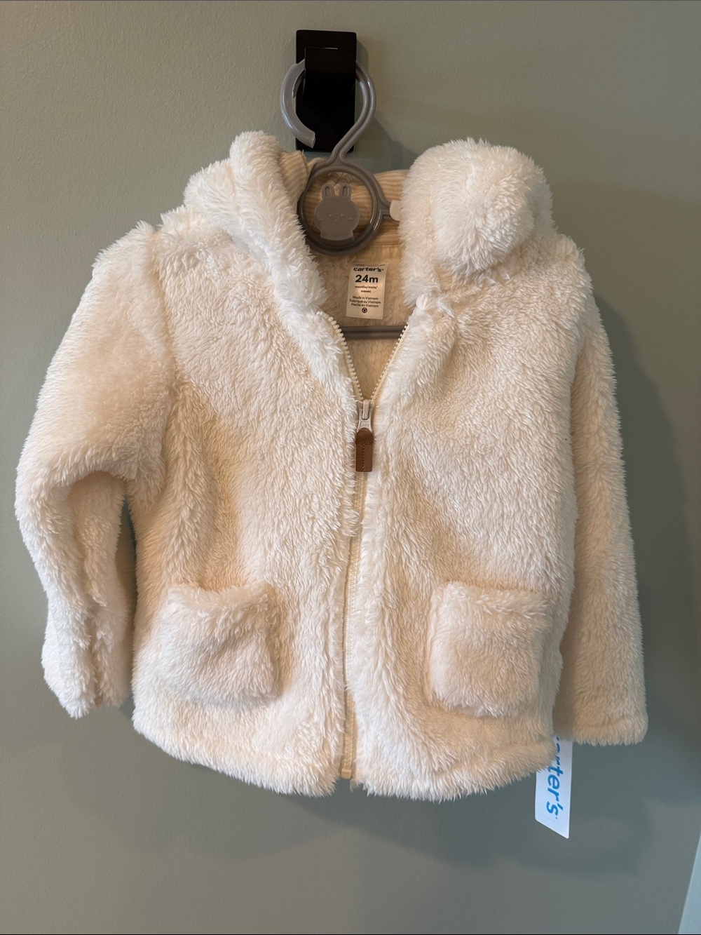 NWT Carter's 24M Cream Plush Zip-Up Hooded Jacket with bear ears 🐻